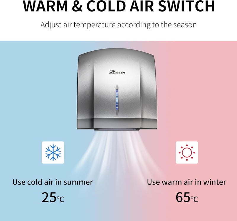 PLUSSEN Hand Dryer 110V Compact Commercial Hand Dryer Automatic Electric Air Dryers with Warm n Cold Air Switch for Home or Commercial Bathrooms, 3Pin Plug in Version - Image 3